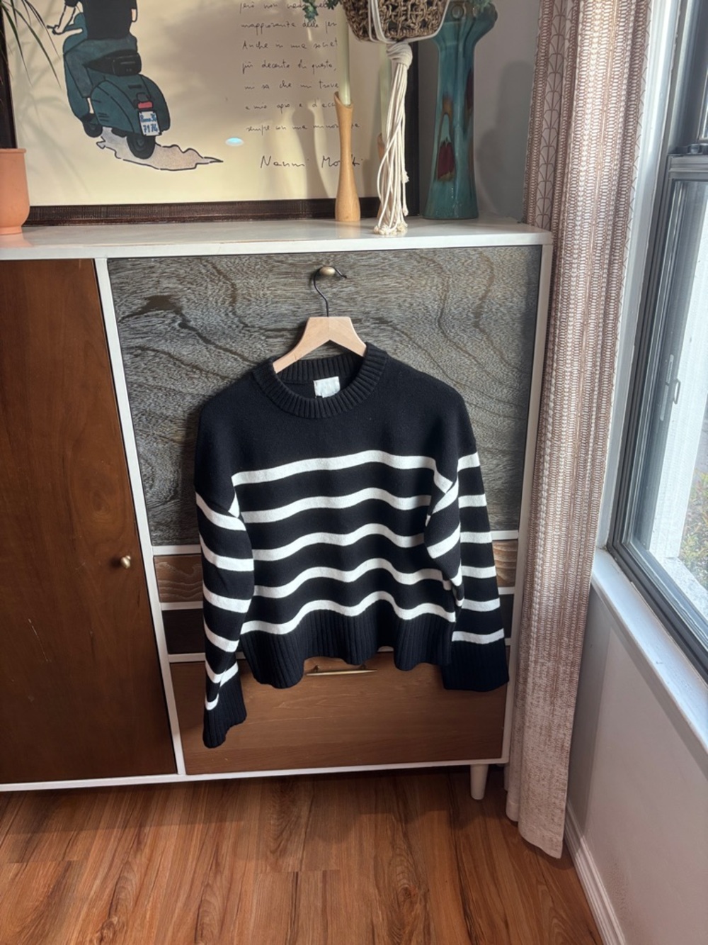 H&M Women’s Black & White Striped Crewneck Sweater
